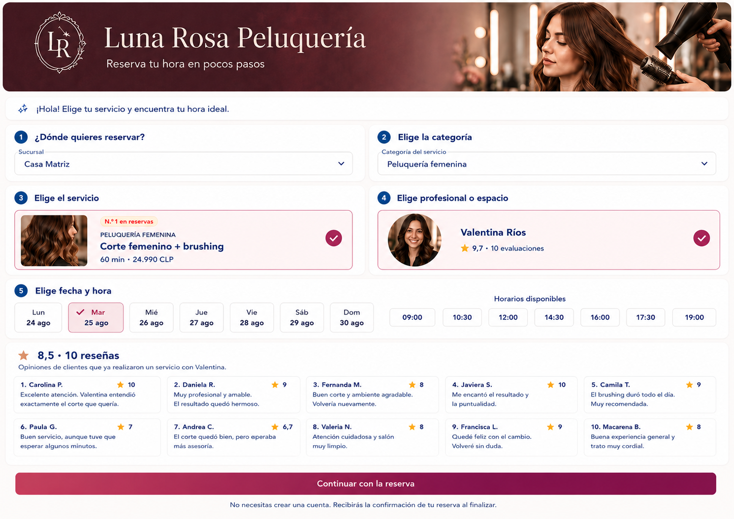 Vista previa de la página de reservas del cliente